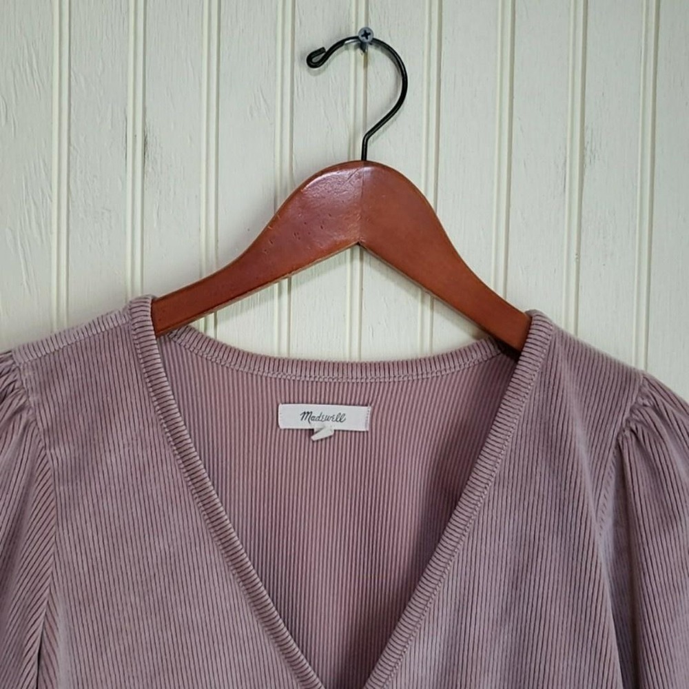 Madewell Blouse Womens XXS Pink V Neck Long Puff Sleeve Wrap Tie Velour Top